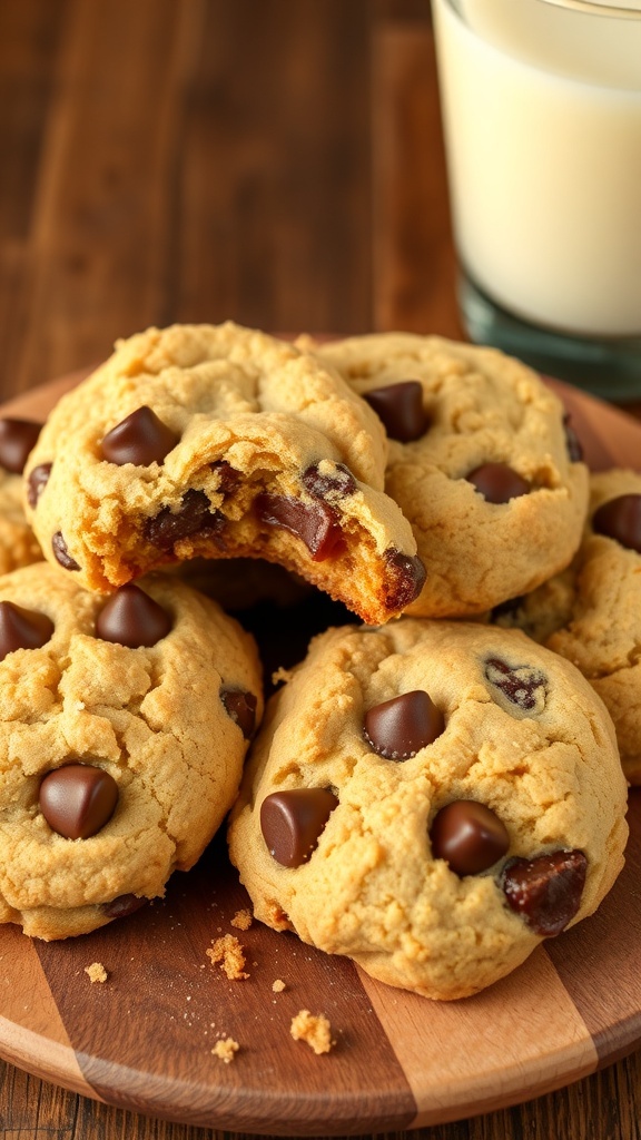 Four golden-brown crumble cookies with chocolate chips on a wooden platter, accompanied by a glass of milk.